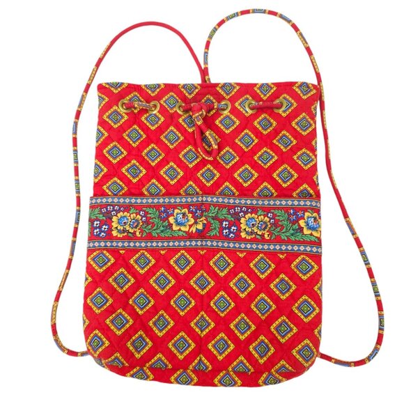 Vera Bradley Drawstring Backsack Backpack Floral Bag Villa Red Retired Bag Pouch - Picture 2 of 12